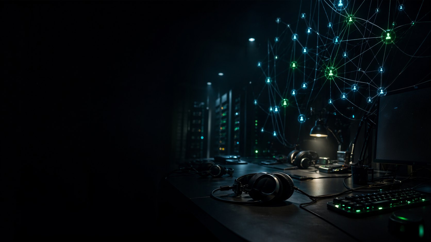 Illustrated gaming desks and a network of connected memories